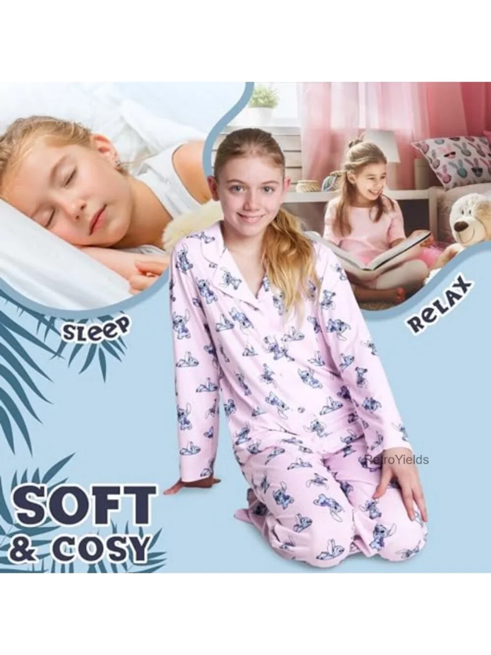 Disney Stitch Girls Pajama Set 2-Piece Long Sleeve Lounge Wear